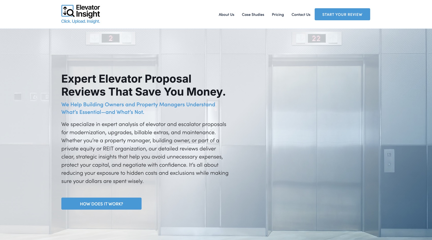 The previous Elevator Insight WordPress homepage built on the Cornerstone page builder.